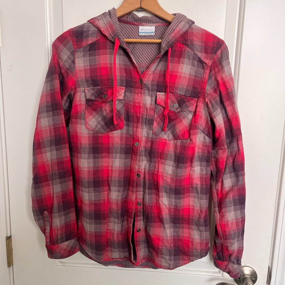 Columbia Womens Plaid Hooded Shirt Button Down Long Sleeve Pink Gray XS